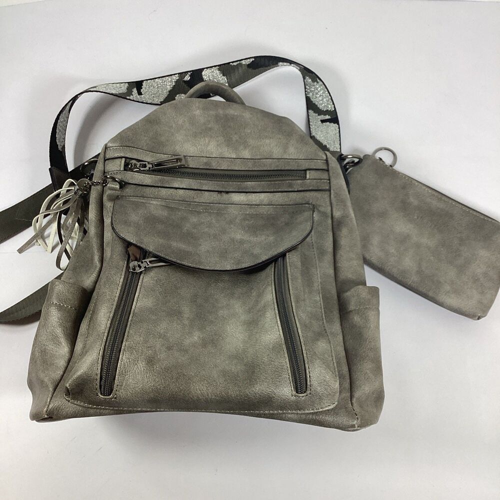 Womens Fashion Backpack Gray Faux Leather With Bag SHRRIE